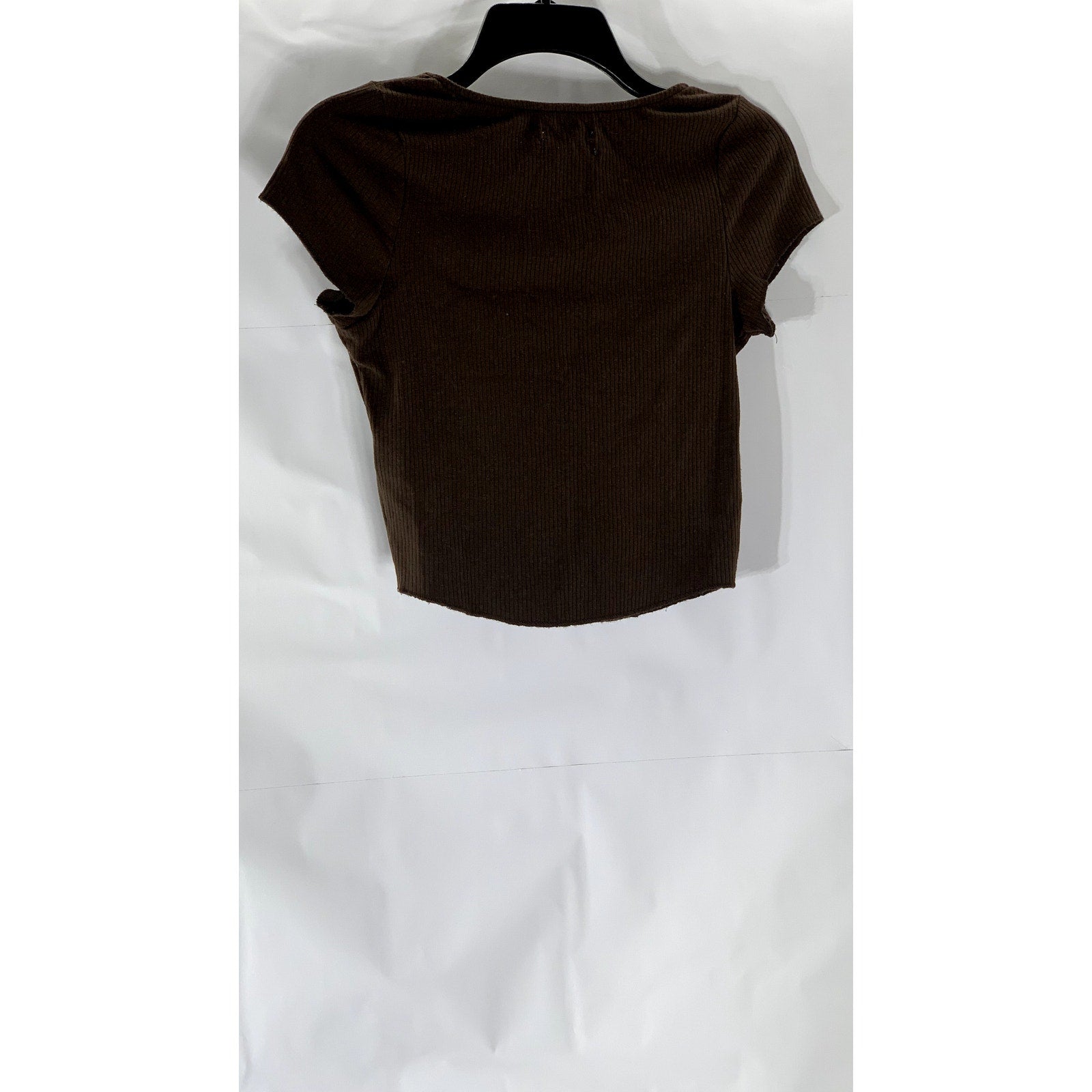 URBAN OUTFITTERS Women’s Brown Ribbed Straight-Neck Short Sleeve Cropped Top SZM