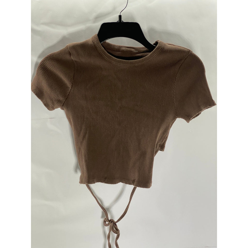 UNBRANDED Women's Brown Cropped Hi-Lo Hem Crew Neck Ribbed Top SZ S