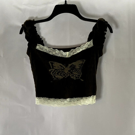 PROD Women's Dark Brown Butterfly Lace Trim Smocked Ruffle-Sleeve Crop Top SZ XS