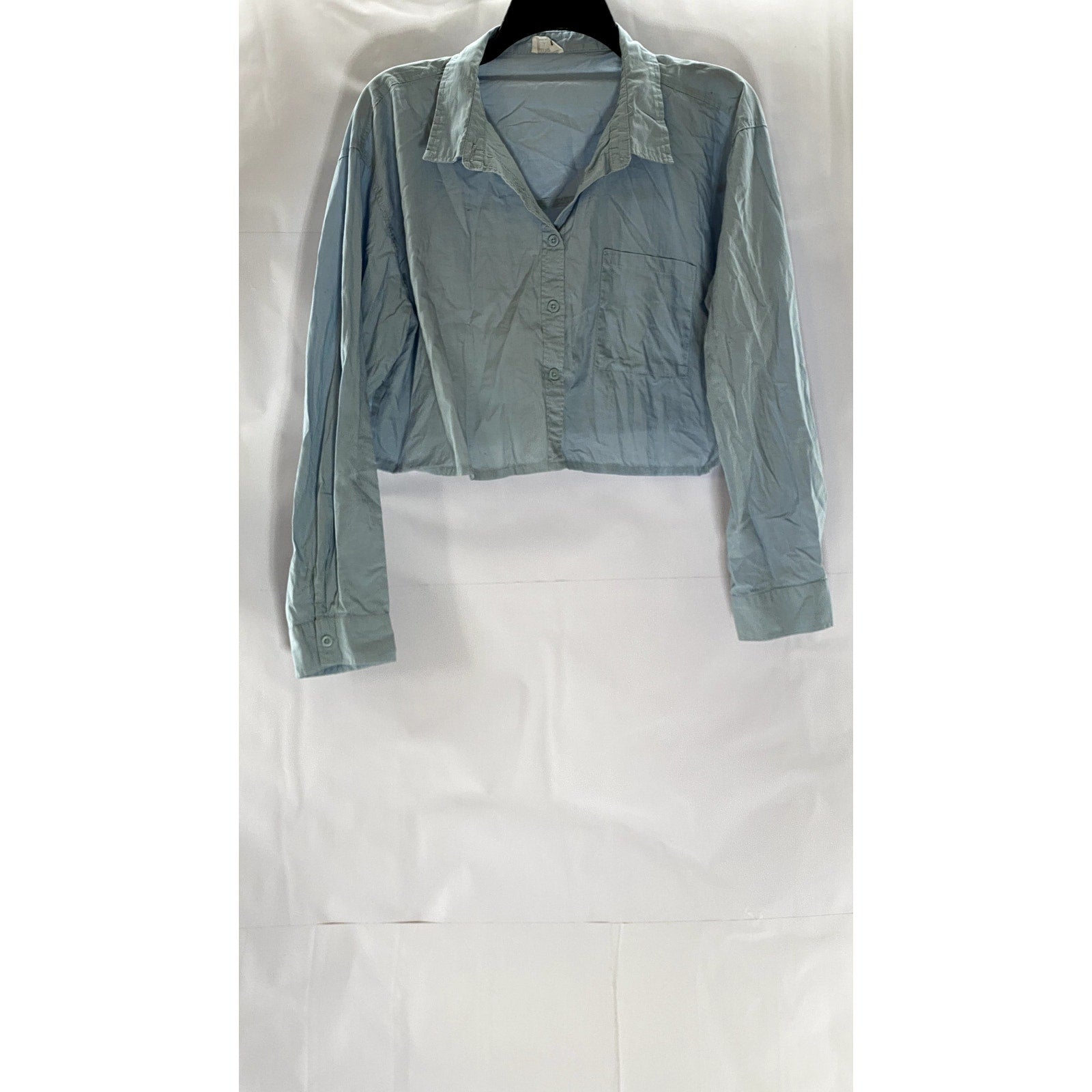COTTON ON Women's Light Blue Cotton Button-Up Long Sleeve Crop Top SZ L