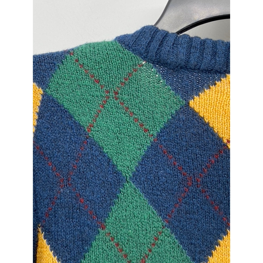 AMERICAN EAGLE Women's Navy-Yellow-Green Argyle Print Sweater SZ M