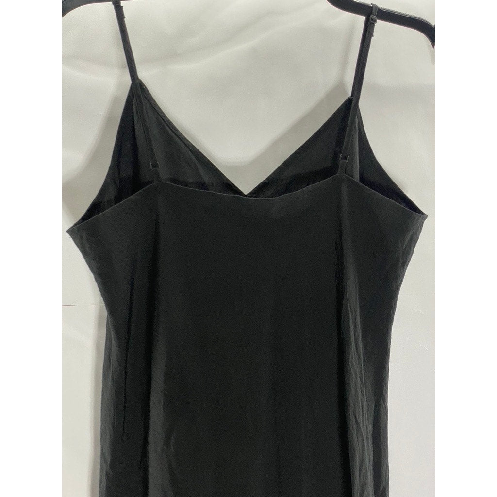 GAP Women's Black Solid V-Neck Adjustable Spaghetti Strap Slip Midi Dress SZ S