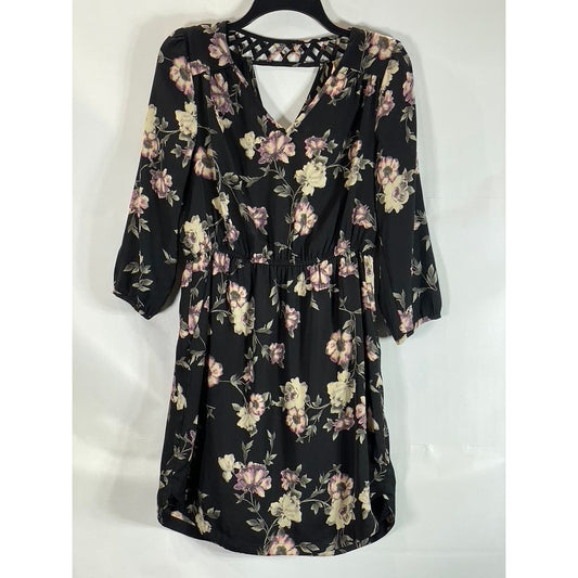 SKIES ARE BLUE Women's Black Floral Print Bronwyn V-Neck Long Sleeve Dress SZ S