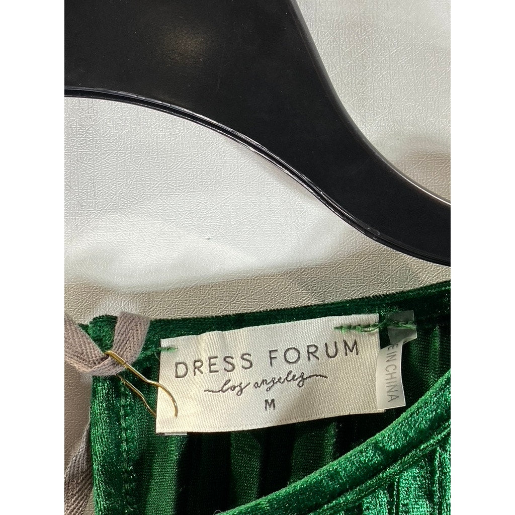 DRESS FORUM Women's Dark Green Crewneck Pleated Velvet Waist Tie Mini Dress SZ M