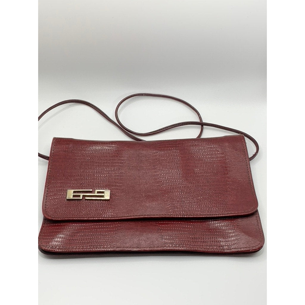 Women's Vintage Burgundy Snakeskin Flap Snap Button Cross Body Clutch Bag