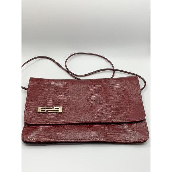 Women's Vintage Burgundy Snakeskin Flap Snap Button Cross Body Clutch Bag
