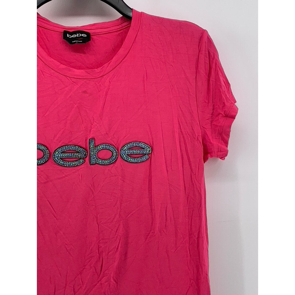 BEBE Women's Hot Pink Rhinestone Embellished Logo Short Sleeve Top SZ L