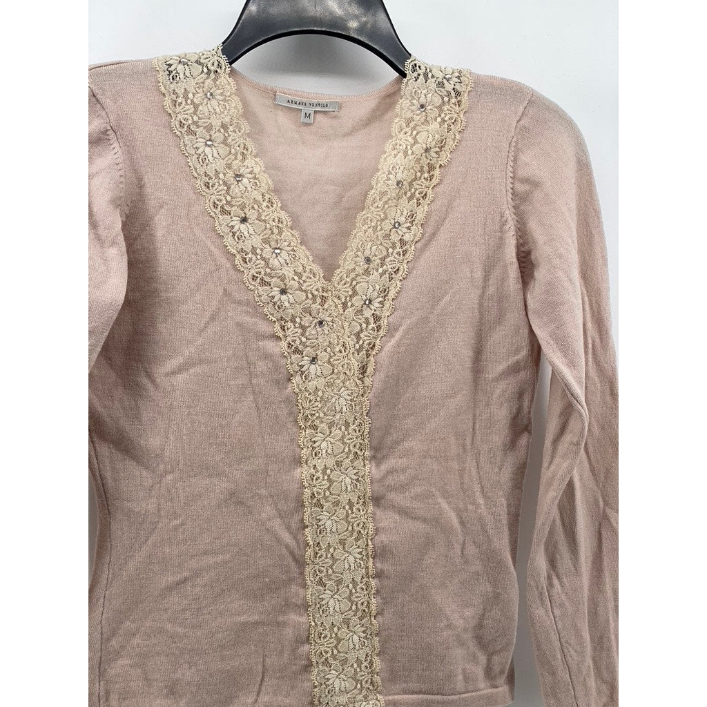 ARMAND VENTILO Women's Light Pink-Beige Wool-Blend V-Neck Lace-Trim Sweater SZ M
