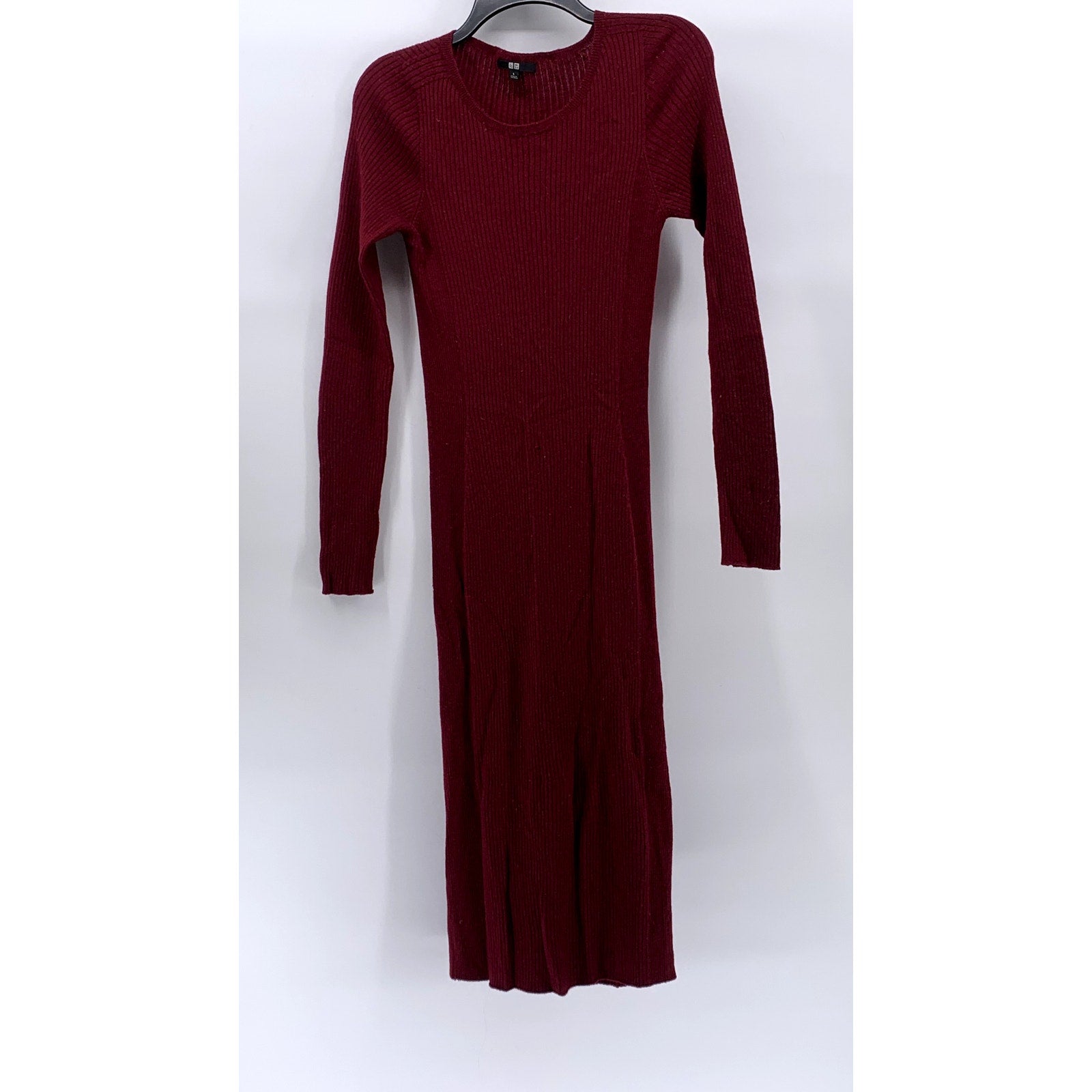 UNIQLO Women's Wine Crewneck Rib Knit Wool Long Sleeve Midi Sweater Dress SZ L