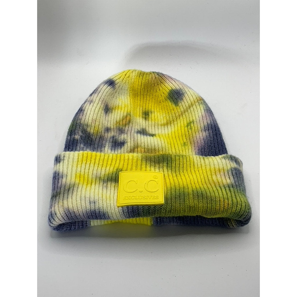 C.C Women's Yellow/Gray Tie-Dye Patch Logo Ribbed Beanie OS