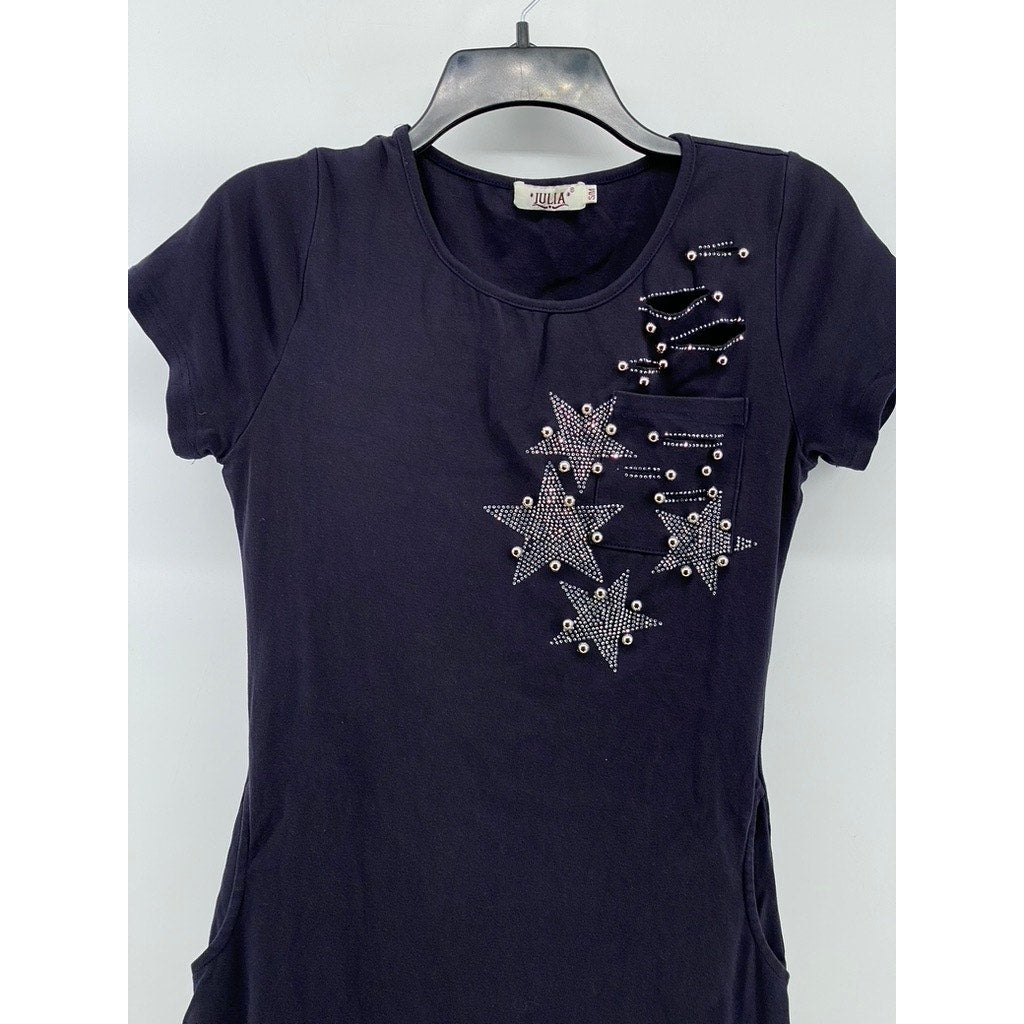 JULIA Women's Blue Star Studded Distressed Short Sleeve Crewneck Mini Dress SZ S