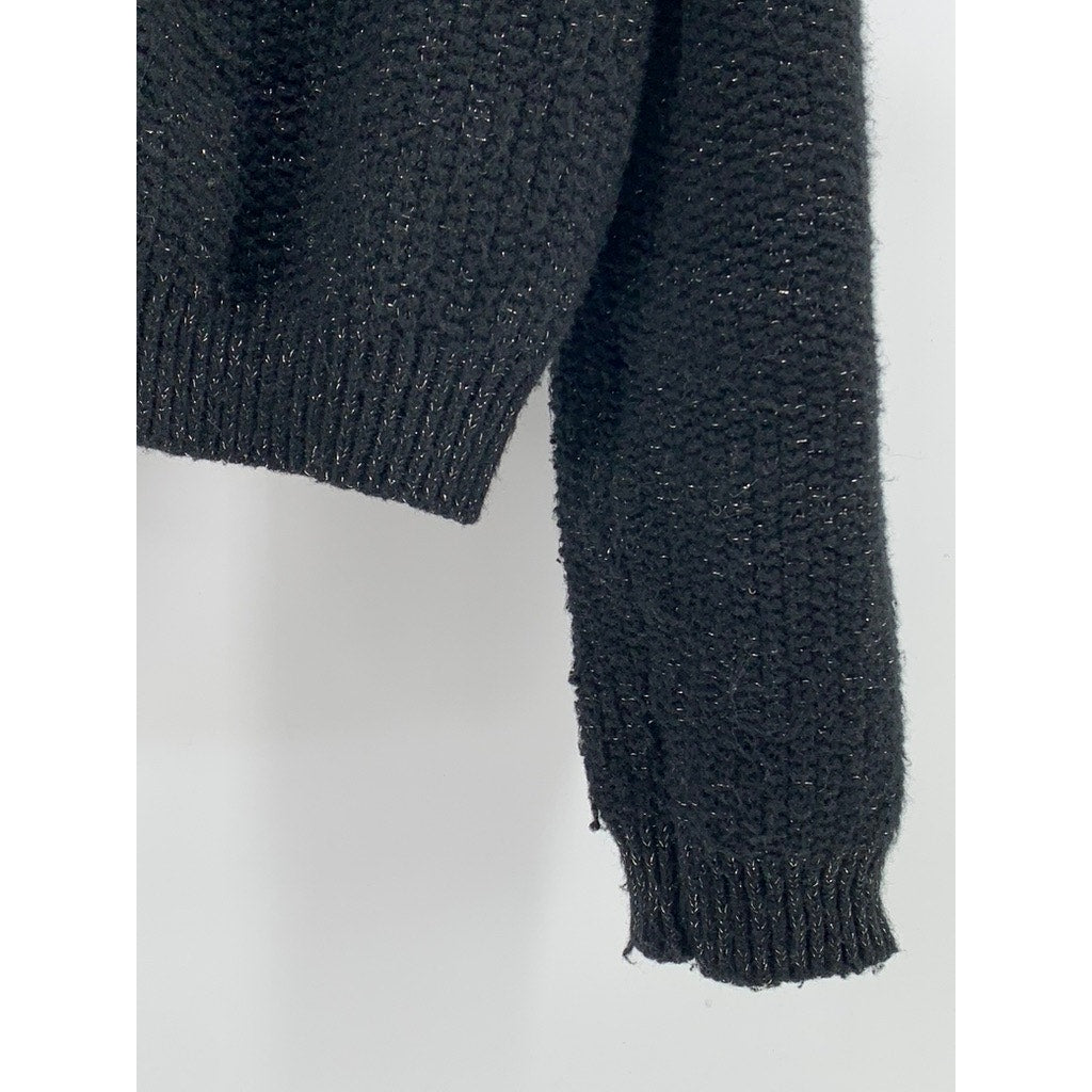 UNBRANDED Women's Black-Silver Button-Up Long Sleeve Knit Cropped Cardigan SZ S