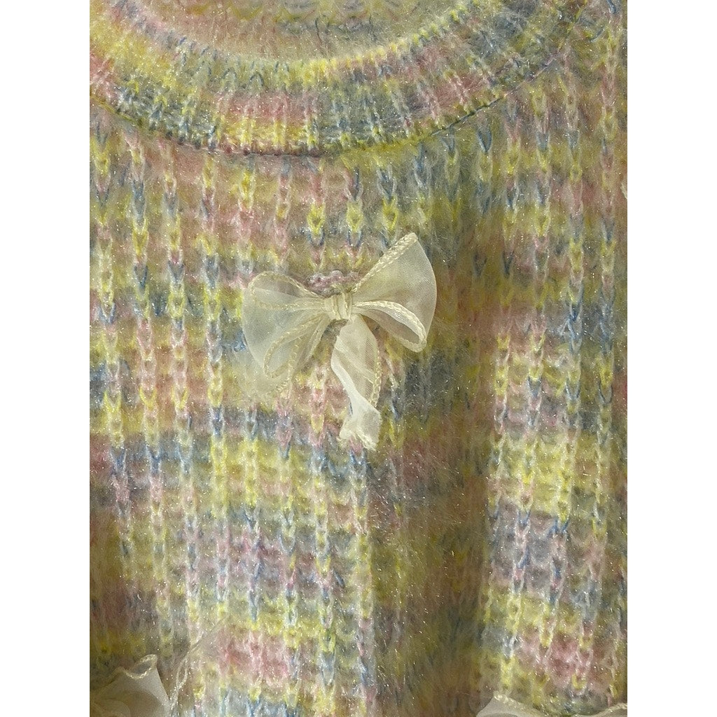 UNBRANDED Women's Blue-Yellow-Pink Crewneck Crochet Knit 3D Bow Sweater SZ M