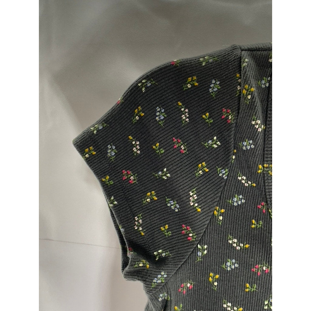 OLD NAVY Women's Grey Floral Print Button-Up Short Sleeve Scoop-Neck Top SZ S
