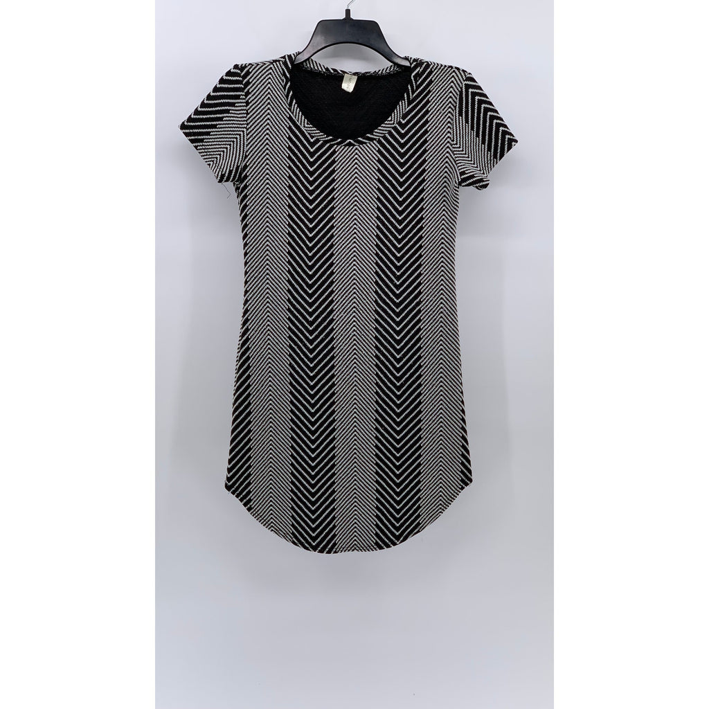LOVE NATION Women's Black-White Herringbone Crewneck Short Sleeve Dress SZ S