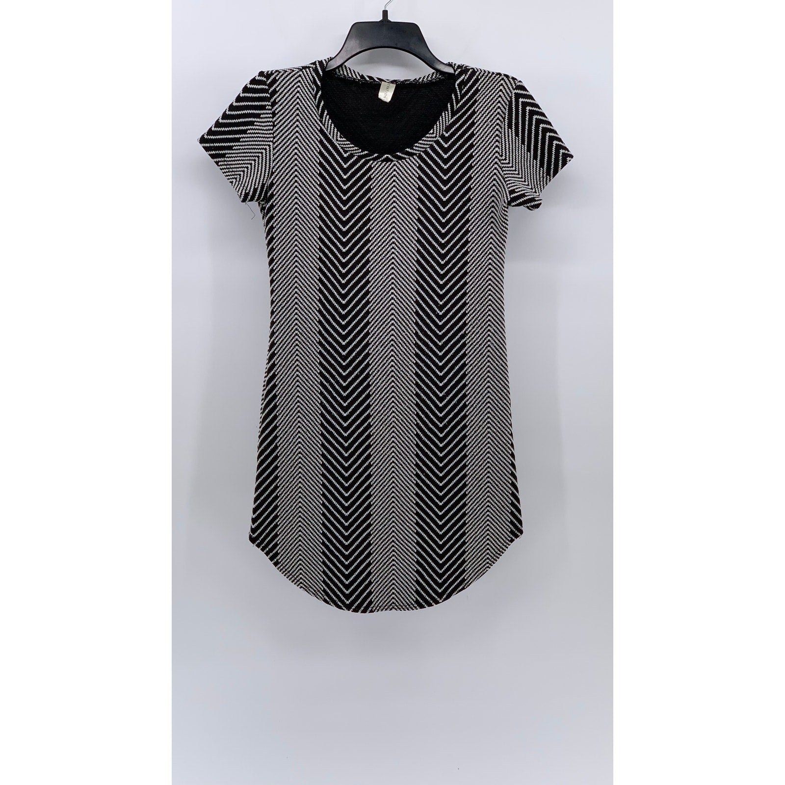 LOVE NATION Women's Black-White Herringbone Crewneck Short Sleeve Dress SZ S