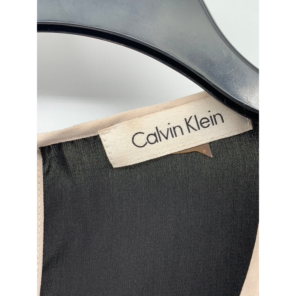 CALVIN KLEIN Women's Black-Cream Scoop-Neck Short Sleeve Stripe Trim Blouse SZ S