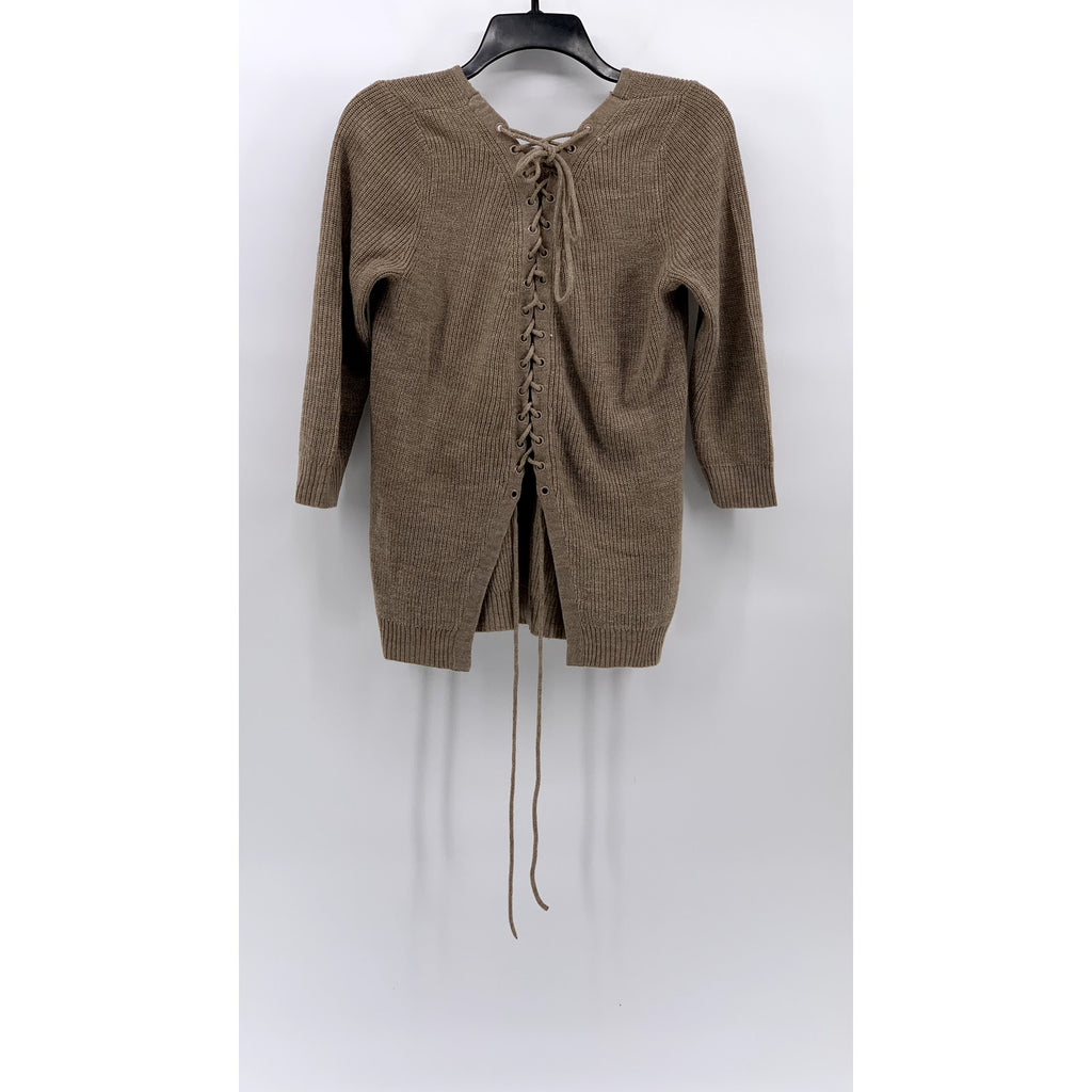 NEW YORK & COMPANY Women's Brown Knit Lace-Up 3/4 Sleeve Crewneck Sweater SZ S