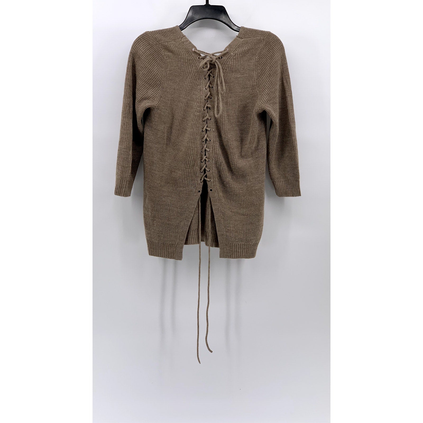 NEW YORK & COMPANY Women's Brown Knit Lace-Up 3/4 Sleeve Crewneck Sweater SZ S