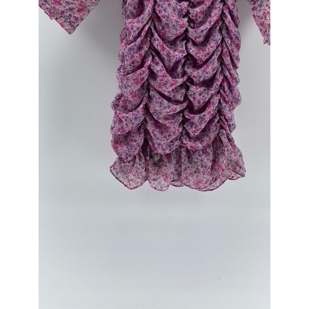 ZARA Women's Lilac Floral Print Ruched Ruffle Balloon-Sleeve Mini Dress SZ S