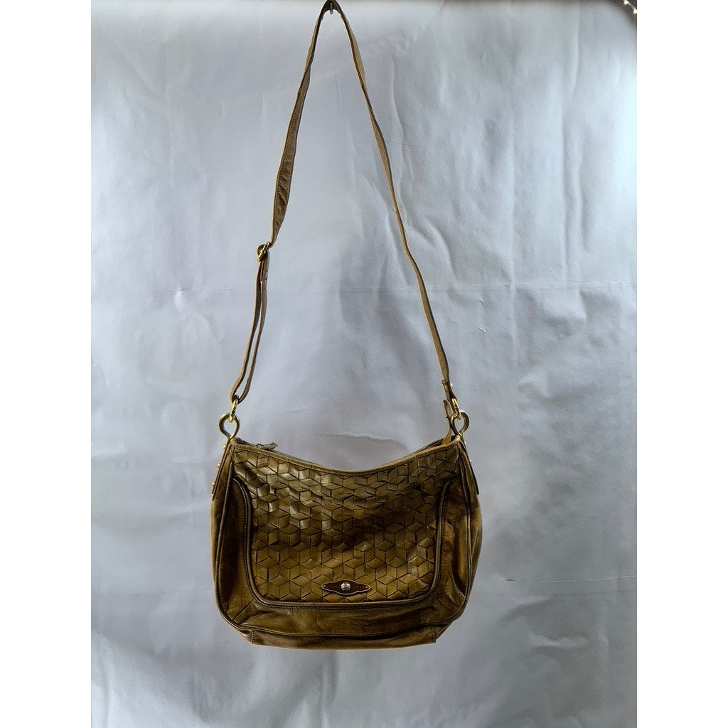 ELLIOTT LUCCA Women's Brown Leather Woven Flap Shoulder Crossbody Bag