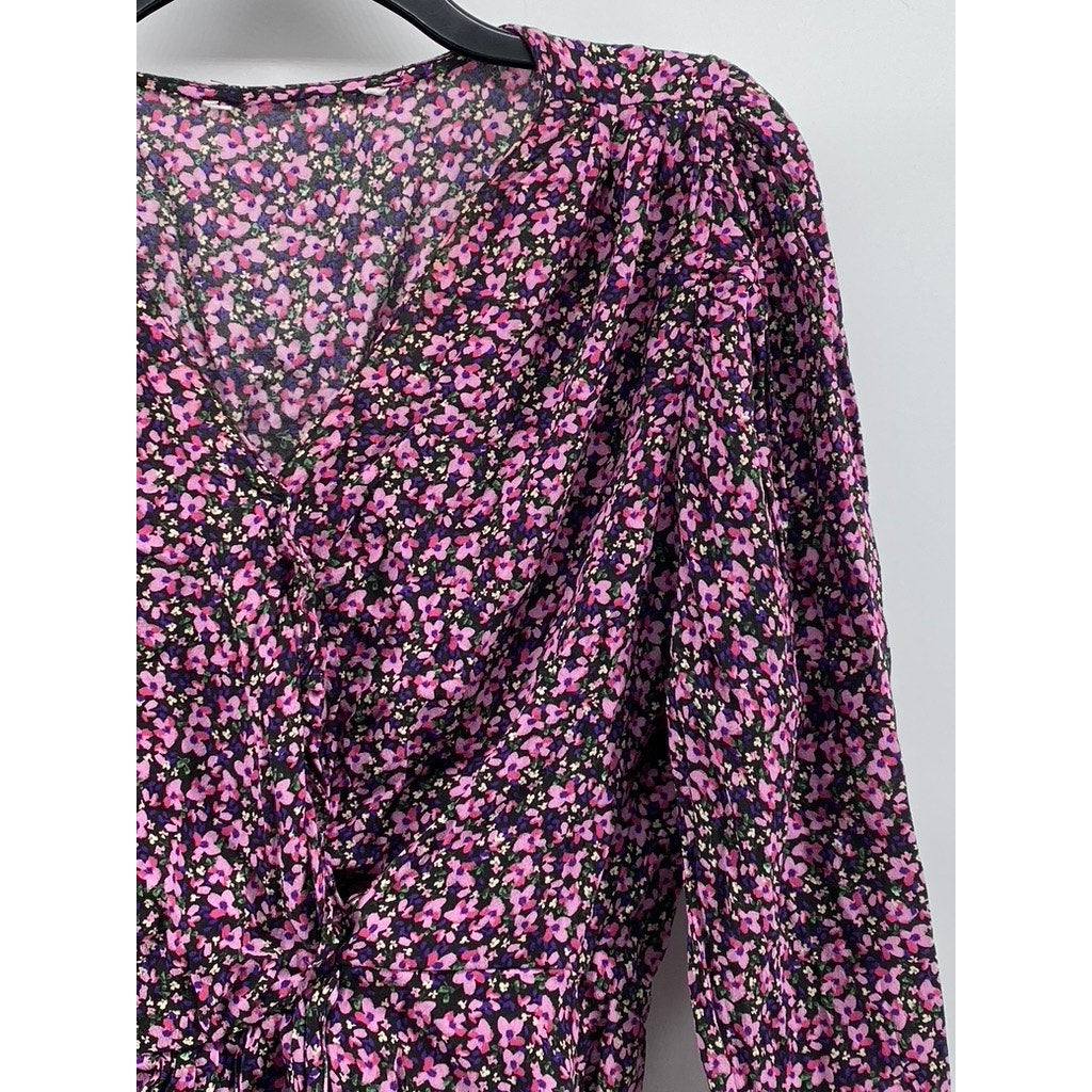 UNBRANDED Women's Pink Floral Print V-Neck Long Sleeve Top SZ M