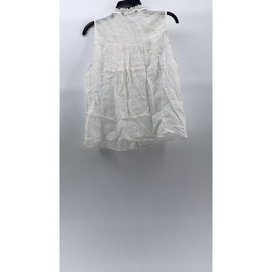 ZARA Women’s White Pleated Lace-Trim High-Neck Button-Up Top SZ M