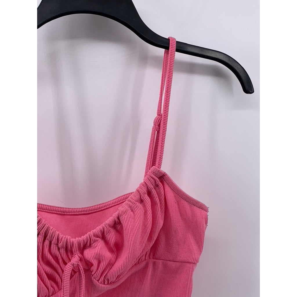 UNBRANDED Women's Pink Ribbed Ruched Spaghetti Strap Cropped Top SZ S