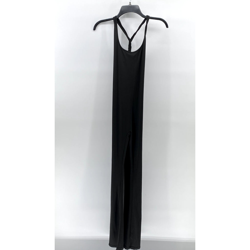 UNBRANDED Women's Black Solid Scoop-Neck Cross-Back Flare Jumpsuit SZ S
