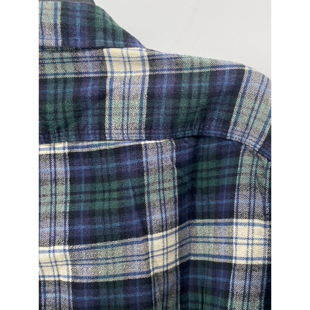 GAP Men's Blue-Green Plaid Button-Up Regular-Fit Long Sleeve Flannel Shirt SZ M