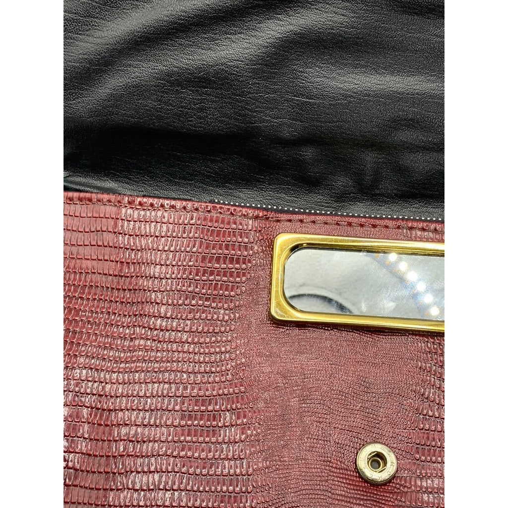 Women's Vintage Burgundy Snakeskin Flap Snap Button Cross Body Clutch Bag