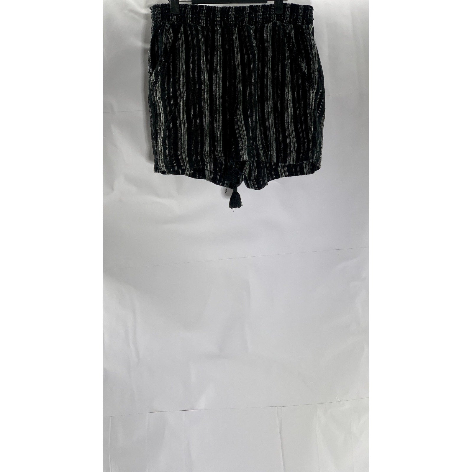 BRIGGS Women's Black-Gray Striped Elastic-Waist Linen Blend Shorts SZ L