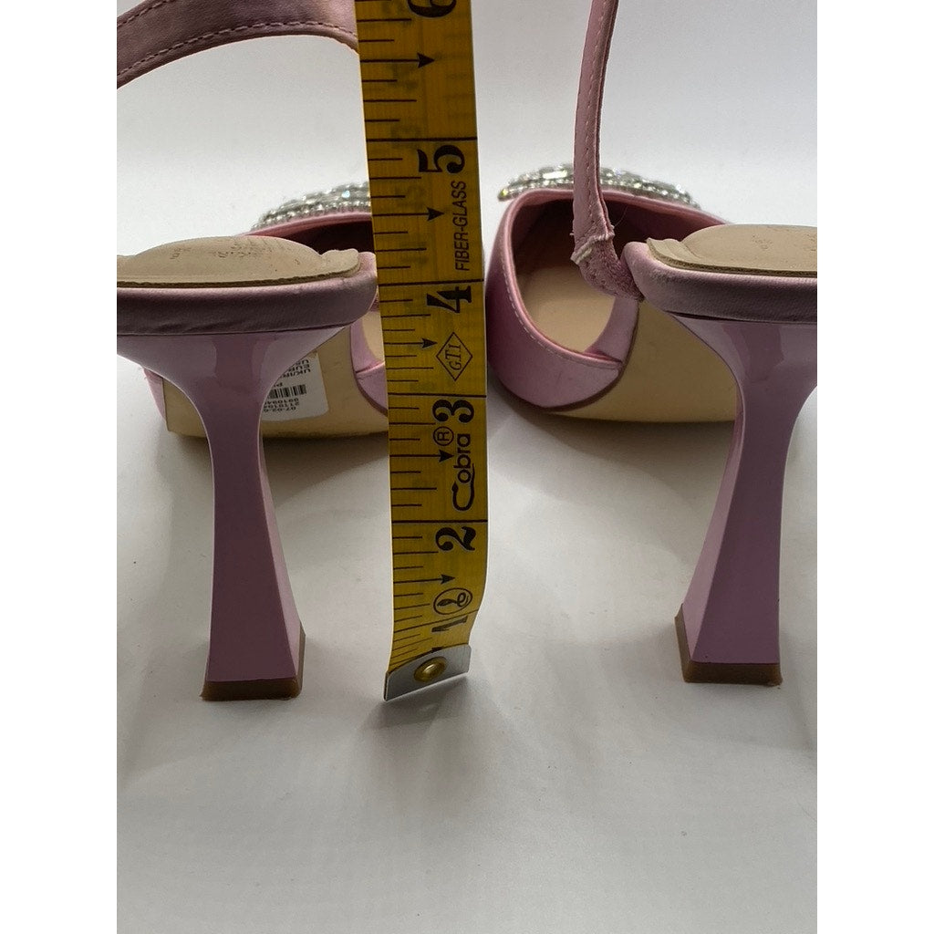 PRIMARK Women's Pink Satin Rhinestone Heart Pointed Toe Stiletto Sandals SZ 7