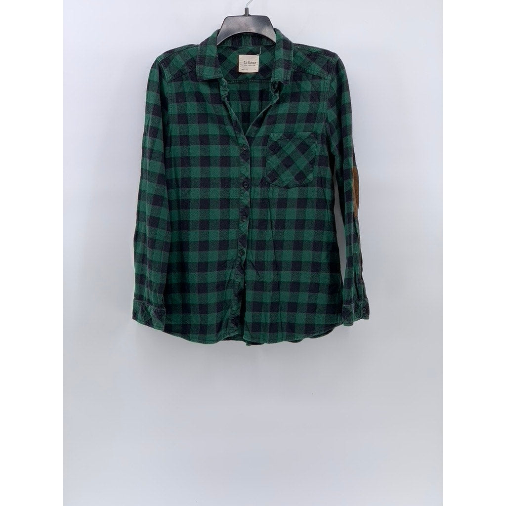 CI SONO Women's Black-Green Plaid Button-up Long Sleeve Regular-Fit Top SZ L
