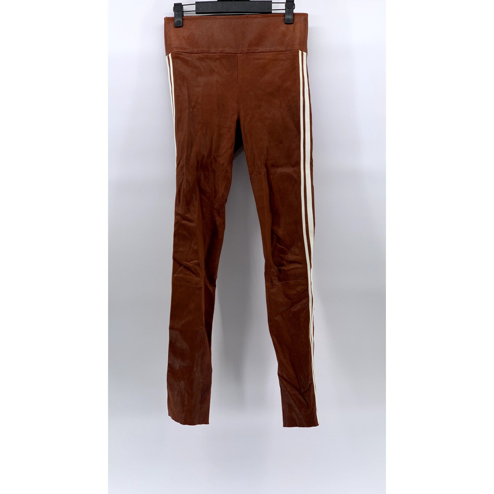 SPRWMN Women's Cognac-White Athletic Striped Capri Leather Leggings SZ S