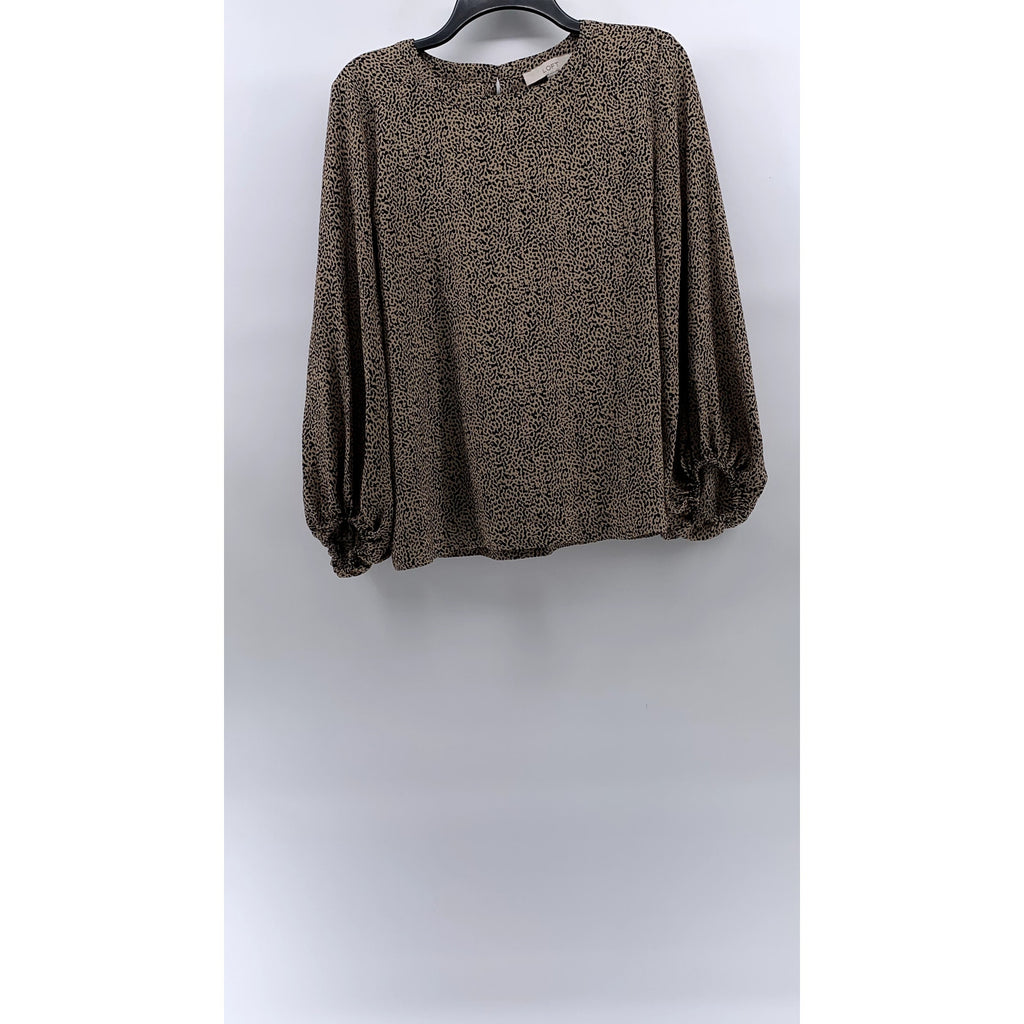 LOFT Women's Brown Animal Print Crewneck Long Sleeve Back Keyhole Top SZ M