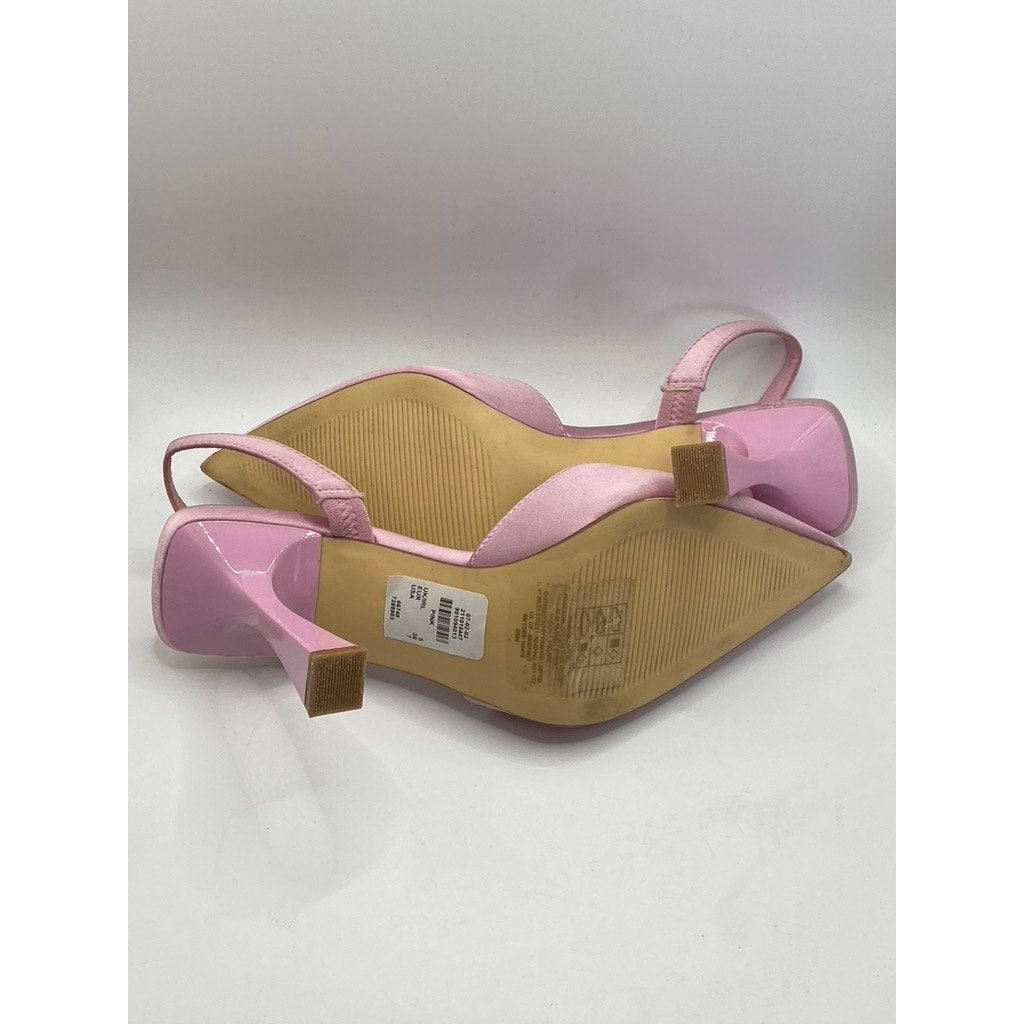 PRIMARK Women's Pink Satin Rhinestone Heart Pointed Toe Stiletto Sandals SZ 7