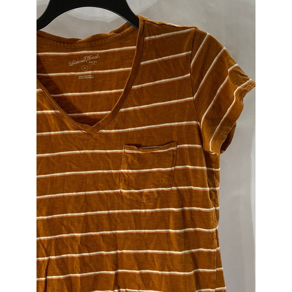 UNIVERSAL THREAD Women's Orange Striped V-Neck Short Sleeve Pocket Top SZ XS