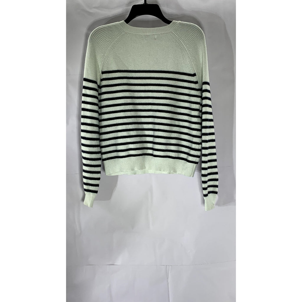 UNBRANDED Women's White-Black Striped Knit Button-Detail Wool-Blend Sweater SZXL