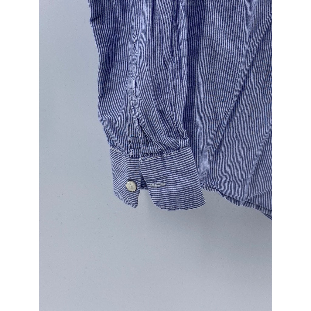 LOVE MANGO Women's Blue Striped Regular-Fit Button-Up Long Sleeve Top SZ S
