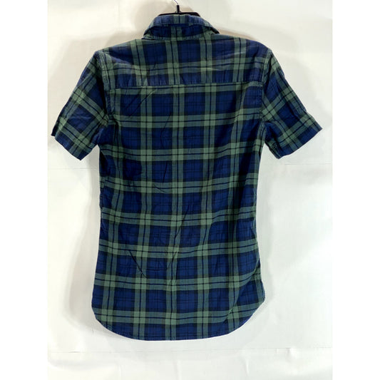 TOPMAN Men's Green Plaid Black Watch Muscle-Fit Button-Up Shirt SZ XS