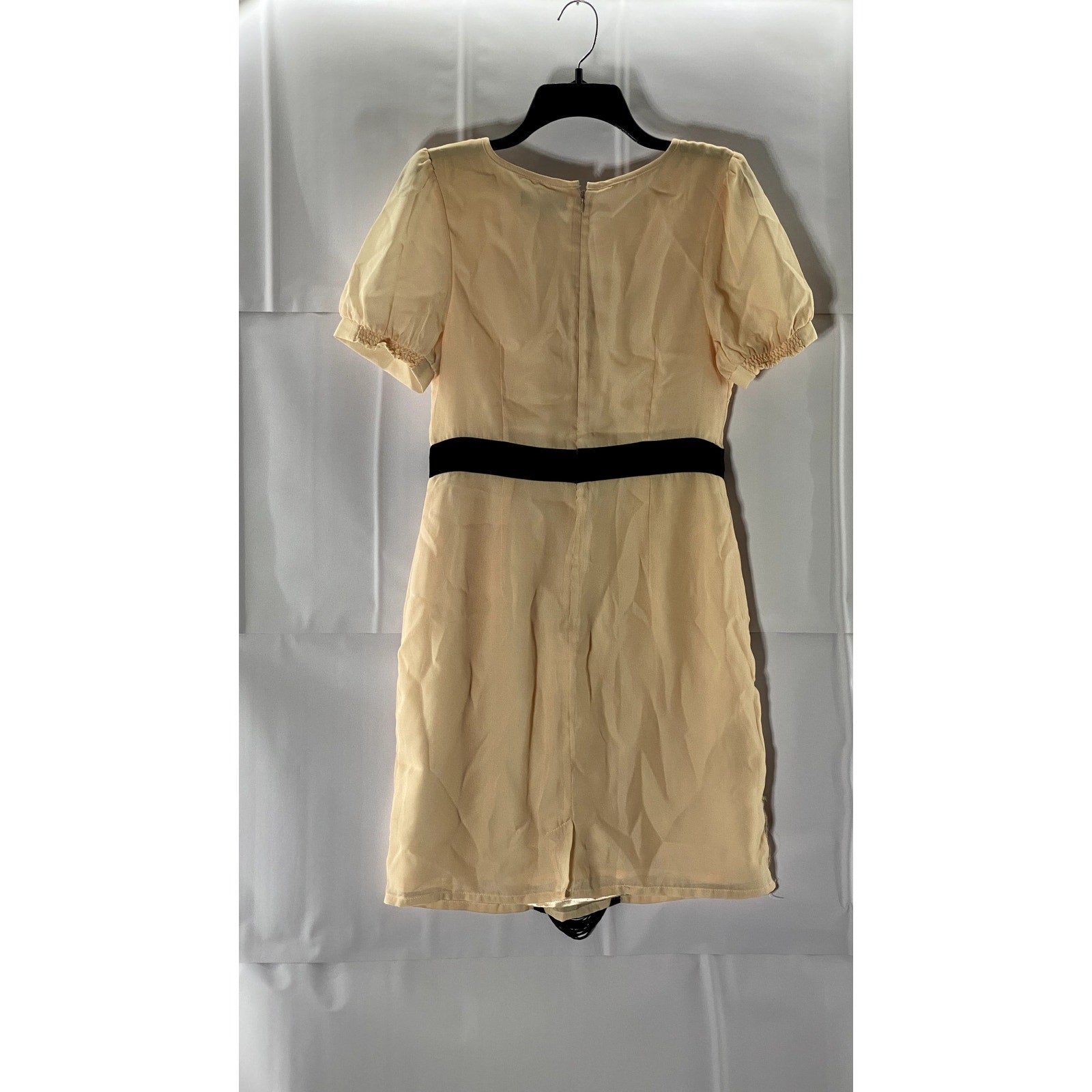 FEVER LONDON Women's Beige/Black Crewneck Fringe Short Sleeve Dress SZ 8