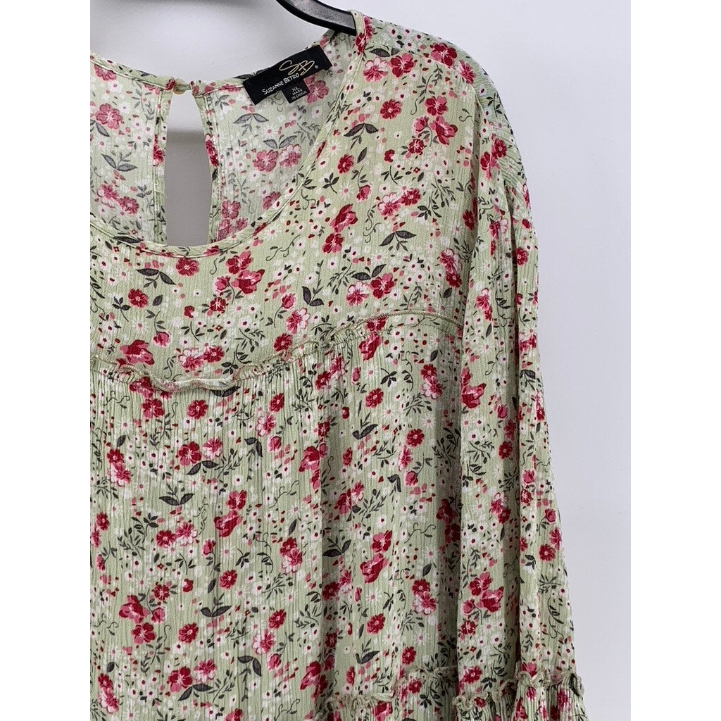 SUZANNE BETRO Women's Light Green Floral Long Sleeve A-Line Dress SZ XL