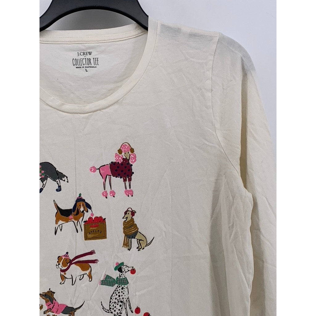 J.CREW Women's Off-White Fall Dog Graphic Long Sleeve Collector Tee SZ L