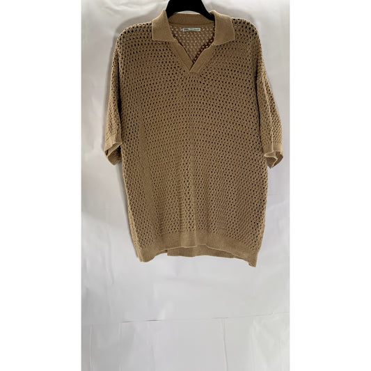 ZARA Men's Brown Textured Crochet Knit Short Sleeve Polo Shirt SZ M