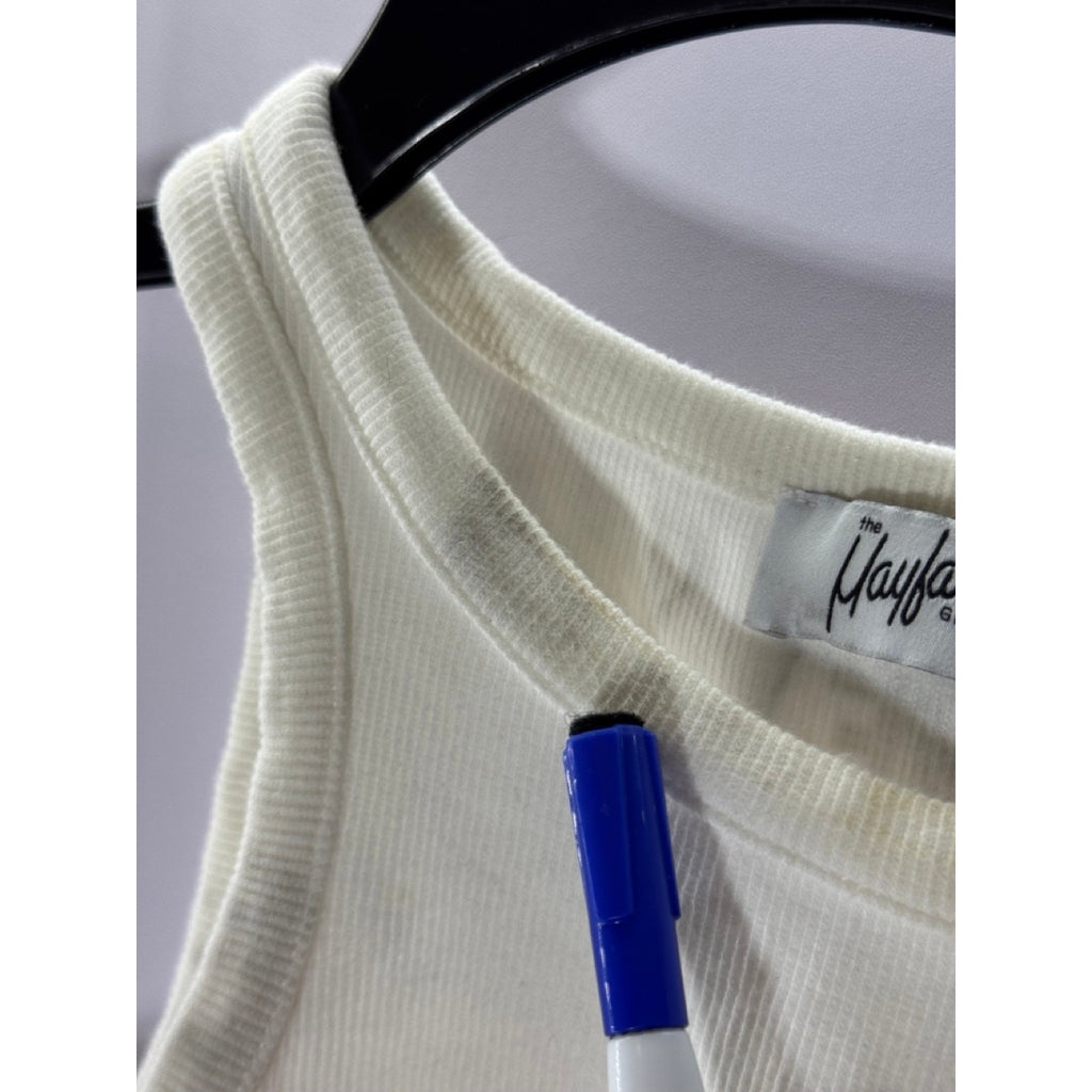 THE MAYFAIR GROUP Women's White/Pink Ribbed Boundaries Are Hot Crop Top SZ S/M