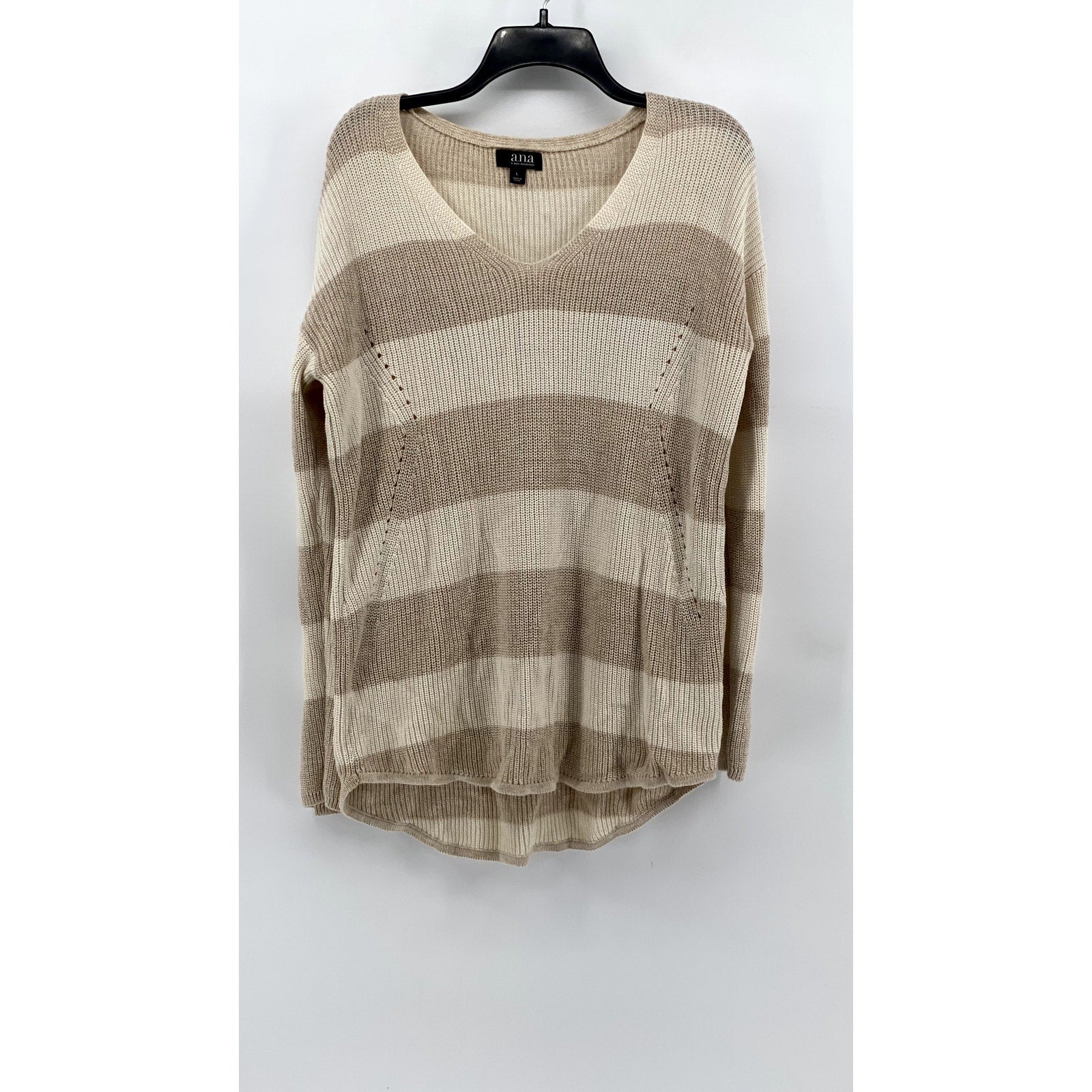 A.N.A A NEW APPROACH Women's Tan Striped Knit Long Sleeve Sweater SZ L