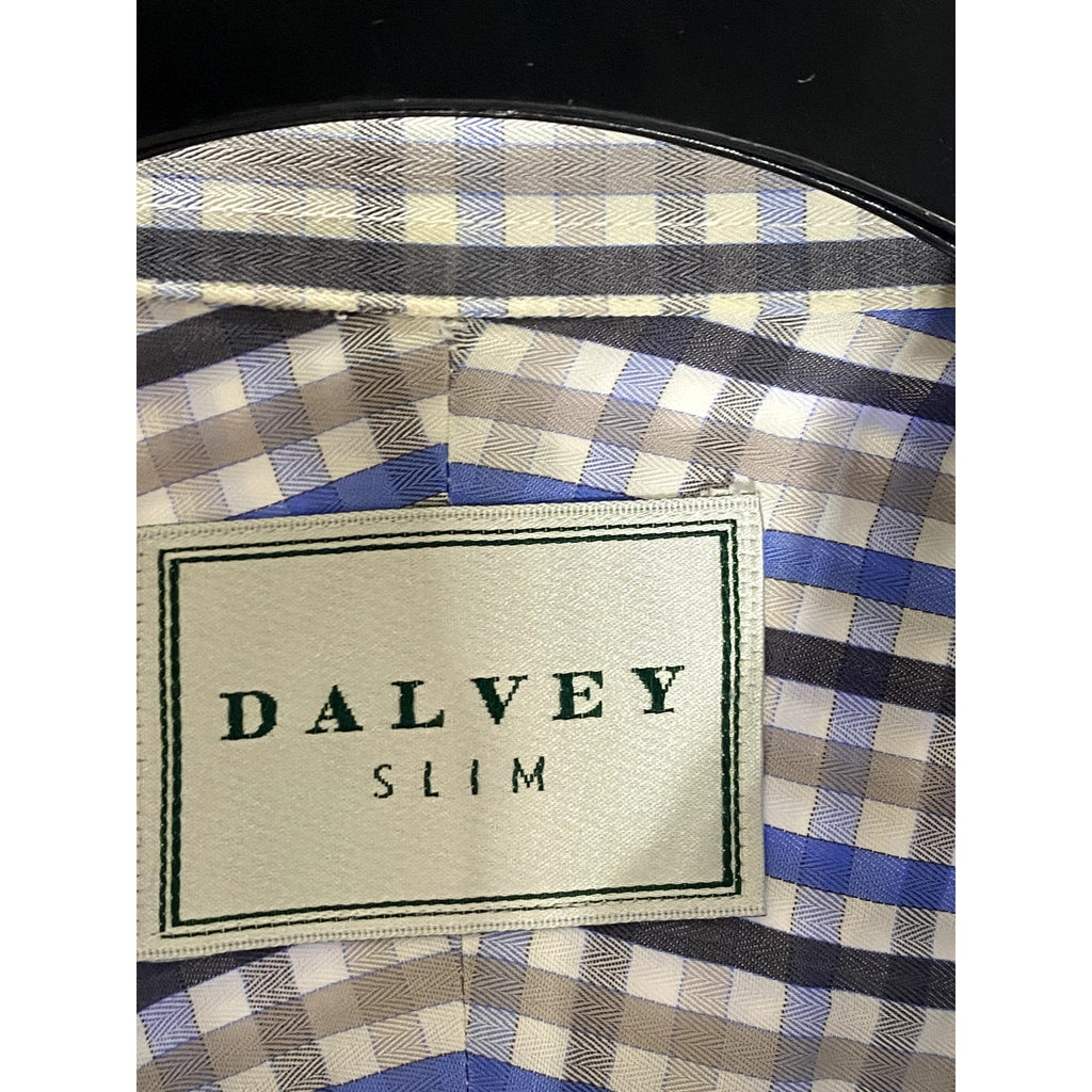 DALVEY Men's Blue-Black Gingham Slim-Fit Button-Up Long Sleeve Shirt SZ 16(M)