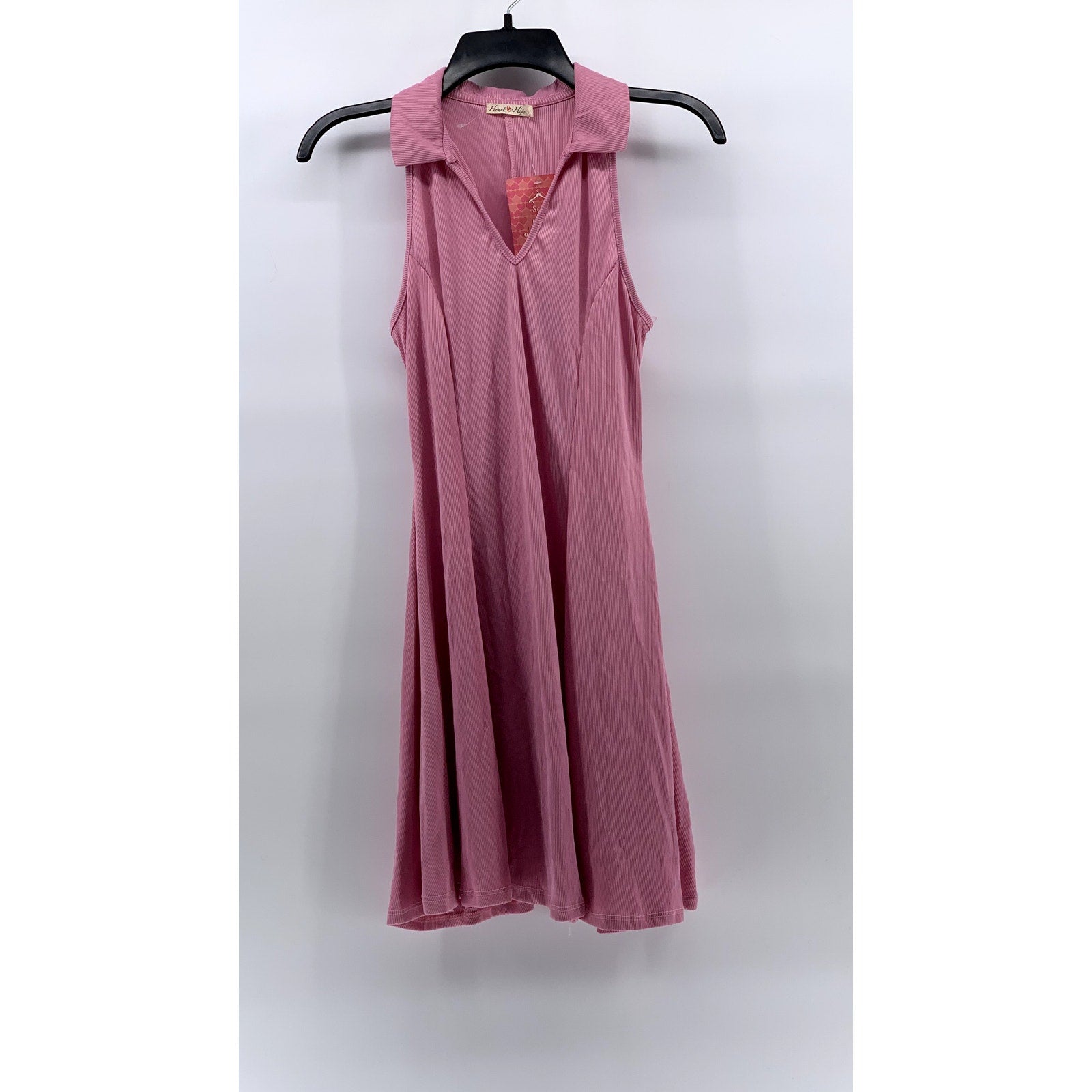 HEART & HIPS Women's Pink Ribbed V-Neck Collared Sleeveless Mini Dress SZ L