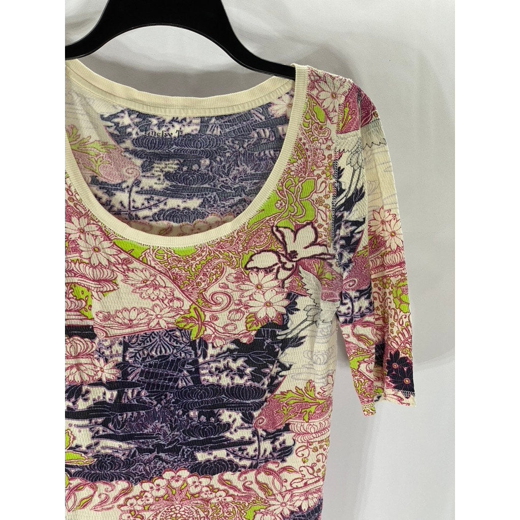 LUEFAY TEES Women's Beige-Multi Scoop-Neck Elbow-Sleeve Lightweight Top SZ M